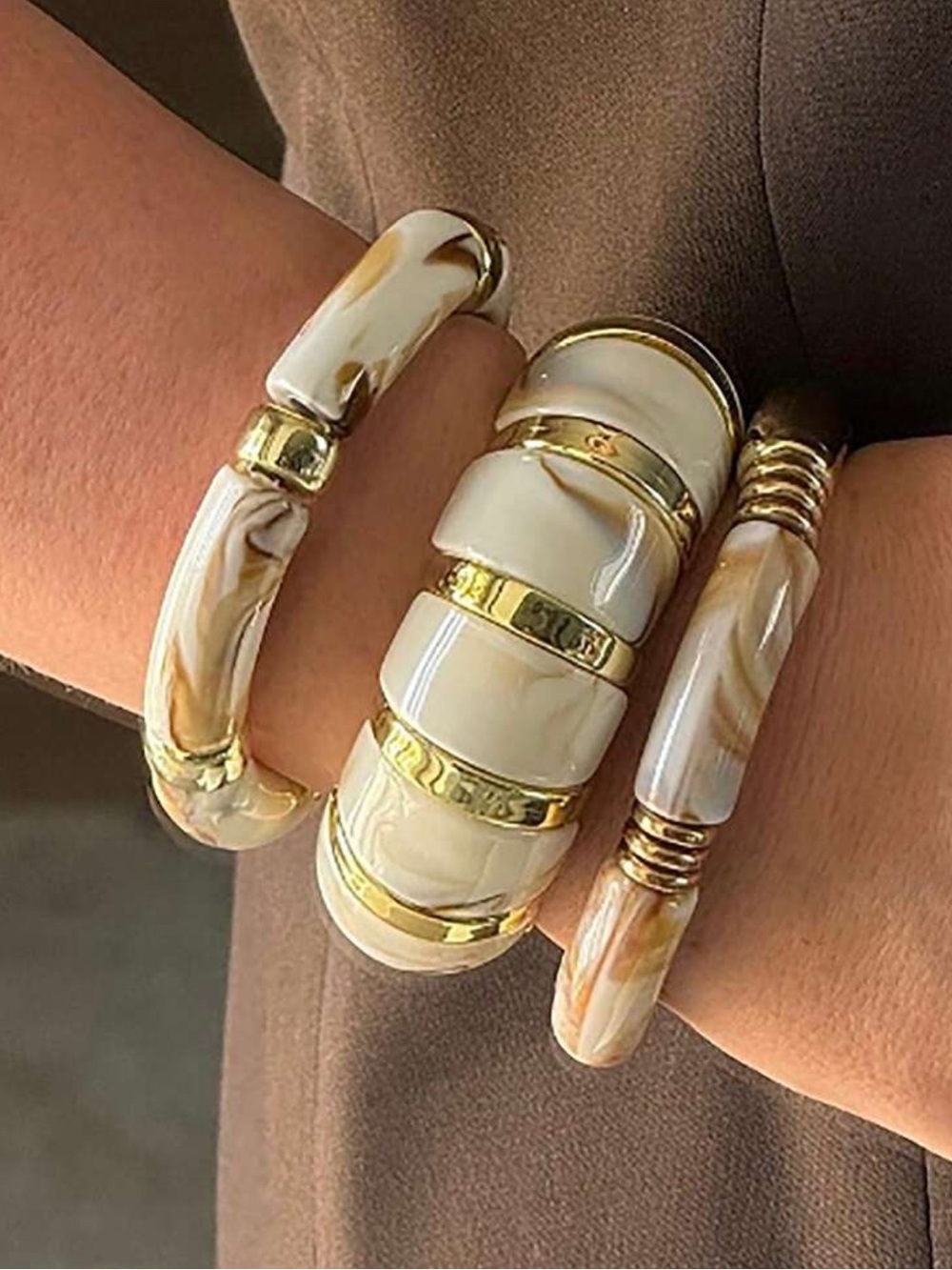 Ivory Marbled Resin Cuff Bracelet Set